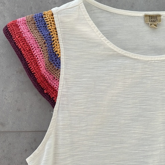 TRUE CRAFT rainbow crochet sleeves white shift dress 100% cotton size XL - Picture 4 of 8
